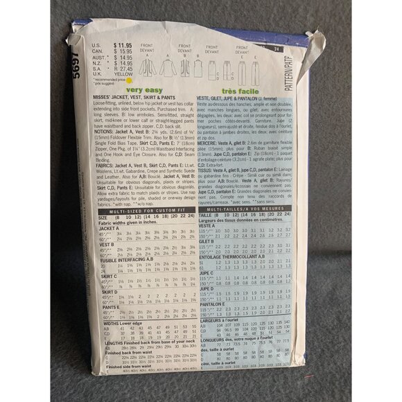 Butterick Misses Jacket Pants Vest Skirt Pants Sewing Pattern Sz 20-24 - Uncut - Picture 3 of 4